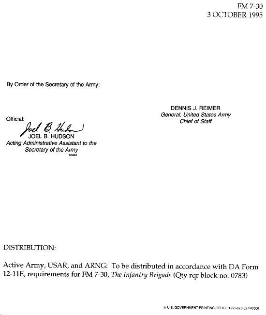 FM 7-30: The Infantry Brigade - Authorization Letter