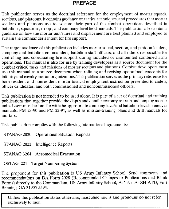 FM 7-90: Tactical Employment of Mortars - Preface