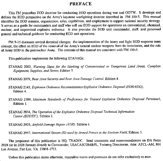 FM 9-15: Explosive Ordnance Disposal Service And Unit Operations - Preface