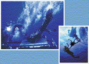 Photo collage. Inflating the CRRC and Mass Swimmer Lock-in, caption follows