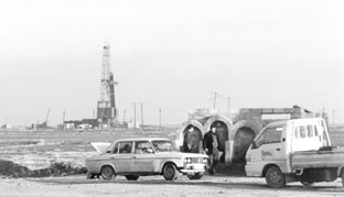 An oil derrick on the Caspian Sea