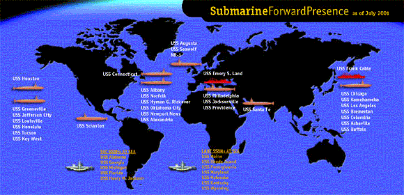 Map of Submarine Forward Presence as of July 2001. Name of Submarines and location follows.