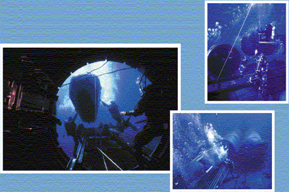 Photo collage. SDV Launch, Stern view, and Out of the Slipstream. Caption precedes.