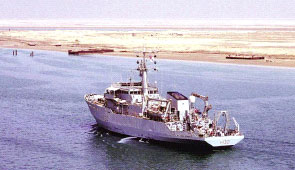 The survey ship HMS ROEBUCK helped open the channel to Umm Qasr for humanitarian aid shipments
