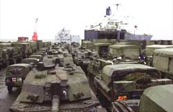 7 Armoured Brigade vehicles awaiting loading onto ships at Emden