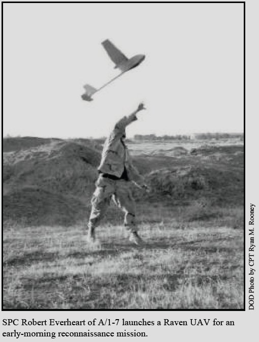 SPC Robert Everheart of A/1-7 launches a Raven UAV for an early-morning reconnaissance mission.