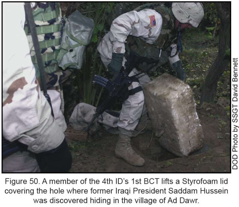 Figure 50. A member of the 4th ID's 1st BCT lifts a Styrofoam lid covering the hole where the former Iraqi President Saddam Hussein was discovered hiding in the village of Ad Dawr. Figure 50. A member of the 4th ID's 1st BCT lifts a Styrofoam lid covering the hole where the former Iraqi President Saddam Hussein was discovered hiding in the village of Ad Dawr.