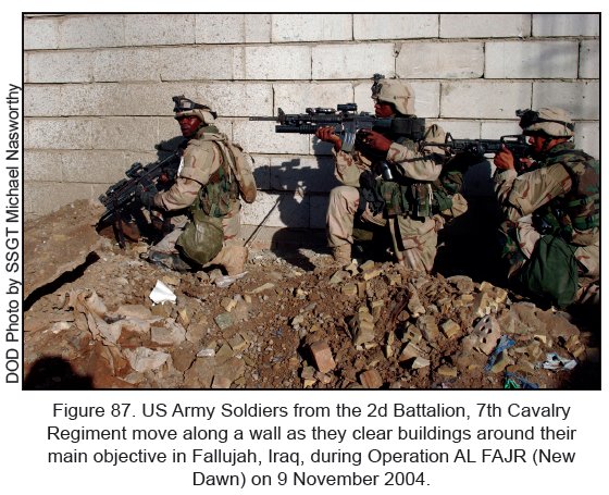 Figure 87. US Army Soldiers from the 2d Battalion, 7th Cavalry Regiment, move along a wall as they clear buildings around their main objective in Fallujah, Iraq, during Operation AL FAJR (New Dawn) on 9 November 2004. Figure 87. US Army Soldiers from the 2d Battalion, 7th Cavalry Regiment, move along a wall as they clear buildings around their main objective in Fallujah, Iraq, during Operation AL FAJR (New Dawn) on 9 November 2004.