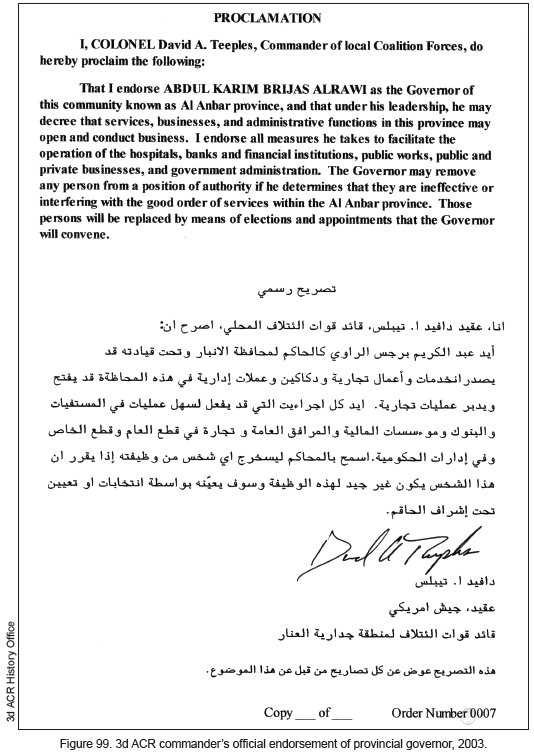 Figure 99. 3d ACR commander's official endorsement of provincial governor, 2003. Figure 99. 3d ACR commander's official endorsement of provincial governor, 2003.