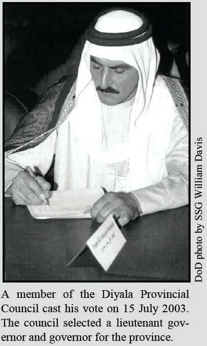 A member of the Diyala Provincial Council cast his vote on 15 July 2003. The council selected a lieutenant governor and governor for the province.