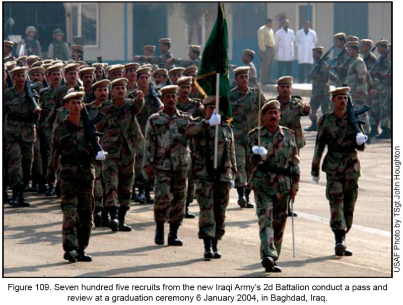 Figure 109. Seven hundred five recruits from the new Iraqi Army's 2d Battalion conduct a pass and review at a graduation ceremony 6 January 2004 in Baghdad, Iraq.