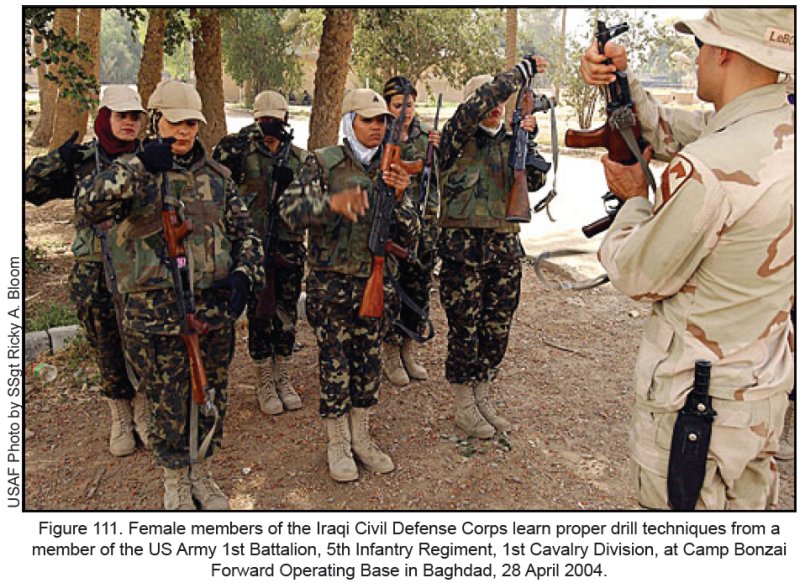 Figure 111. Female members of the Iraqi Civil Defense Corps learn proper drill techniques from a member of the US Army 1st Battalion, 5th Infantry Regiment, 1st Cavalry Division, at Camp Bonzai Forward Operation Base in Baghdad, 28 April 2004. Figure 111. Female members of the Iraqi Civil Defense Corps learn proper drill techniques from a member of the US Army 1st Battalion, 5th Infantry Regiment, 1st Cavalry Division, at Camp Bonzai Forward Operation Base in Baghdad, 28 April 2004.
