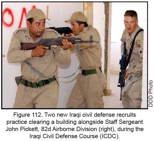 Figure 112. Two new Iraqi civil defense recruits practice clearing a building alongside Staff Sergeant John Pickett, 82d Airborne Division (right), during the Iraqi Civil Defense Course (ICDC).