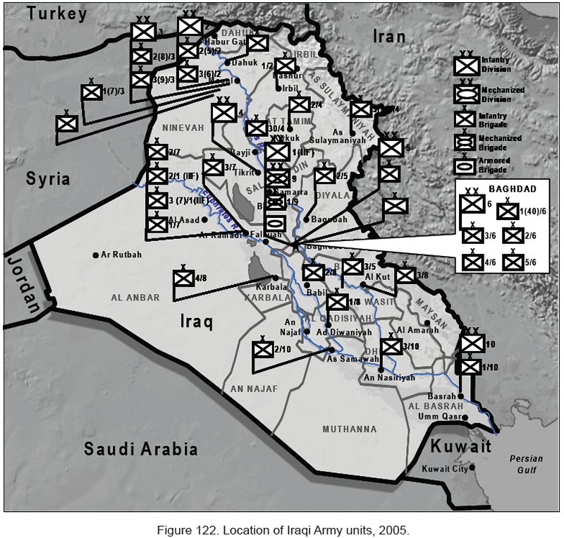 Figure 122. Location of Iraqi Army units, 2005. Figure 122. Location of Iraqi Army units, 2005.