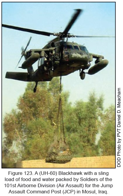 Figure 123. A (UH-60) Blackhawk with a sling load of food and water packed by Soldiers of the 101st Airborne Division (Air Assault) for the Jump Assault Command Post (JCP) in Mosul, Iraq.