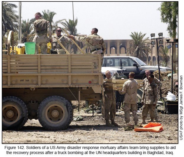 Figure 142. Soldiers of the uS Army disaster response mortuary affairs team bring supplies to aid the recovery process after a truck bombing at the UN headquarters building in Baghdad, Iraq.