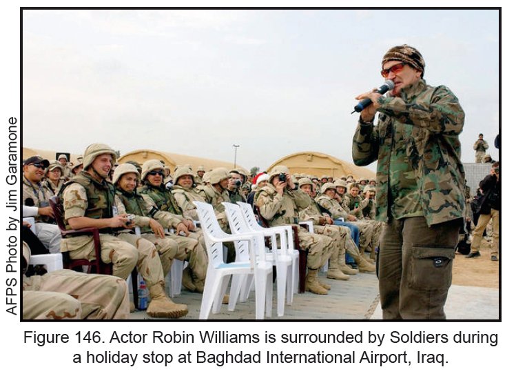 Figure 146. Actor Robin Williams is surrounded by Soldiers during a holiday stop at Baghdad International Airport, Iraq. Figure 146. Actor Robin Williams is surrounded by Soldiers during a holiday stop at Baghdad International Airport, Iraq.