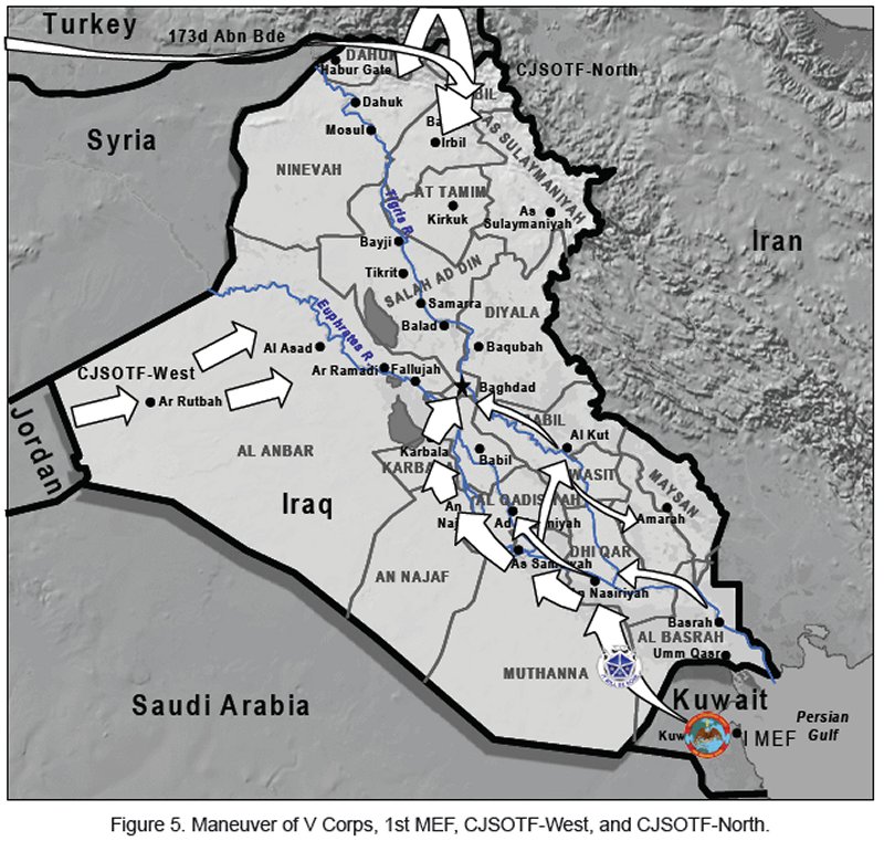 Figure 5. Maneuver of V Corps, 1st MEF, CJSTOF-West and CJSOTF-North.