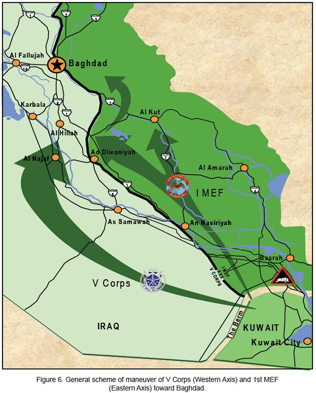 Figure 6. General scheme of maneuver of V Corps (Western Axis) and 1st MEF (Eastern Axis) toward Baghdad.