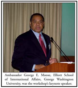 Graphic showing keynote speaker Ambassador George E Moose