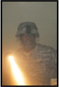 Graphic showing A combat engineer Soldier looks through a smoke-filled room for survivors