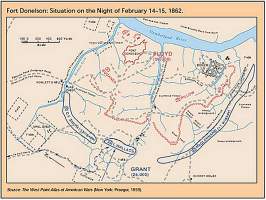 Graphic showing map of Fort Donelson situation on the night of February 14-15, 1862