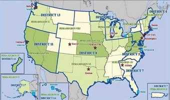 Graphic showing FEMA-USCG district map, FEMA regions and USCG districts do not coincide geographically