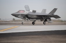 An F-35B Lightning II Joint Strike Fighter assigned to Marine Fighter Attack Squadron (VMFA) 121 prepares to make a vertical landing at Marine Corps Air Station Yuma, AZ