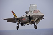 An F-35B Lightning II aircraft prepares to land aboard the amphibious assault ship USS Wasp (LHD 1).
