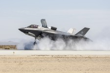 An F-35B Joint Strike Fighter completes a required wet runway and crosswind testing at Edwards Air Force Base, CA
