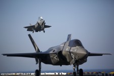 Two F-35B Lightning II Joint Strike Fighters complete vertical landings aboard the amphibious assault ship USS Wasp (LHD 1)