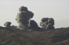 An enemy location is destroyed by smart bombs dropped by B-52 bombers in the Gardez Valley