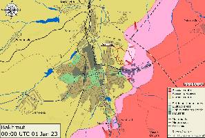 A close-up map of the approximate situation around the city of Bakhmut. Russian forces have advanced into the woodland on the NorthEastern edge of the city.