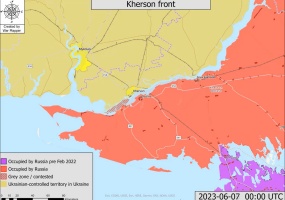 The Nova Kakhovka dam was destroyed early in the morning on the 6th of June. The gif below shows the impact of the flooding. Russian defensive positions, are marked with red points. Some of these have been flooded.