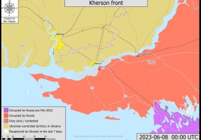 An update on the flooding in Kherson. Much of the flooding has occurred on the southern 'left' bank of the river.