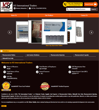 KS International Traders' website, indicating their sale of pharmaceutical products, months after the date of the unsealing of the DOJ indictment in 2024