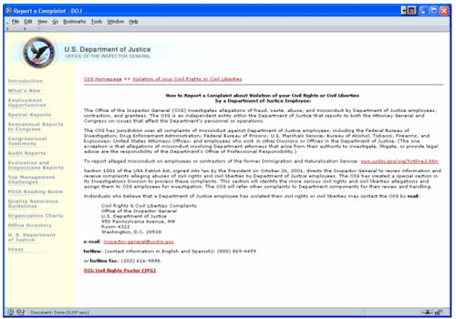 Screen shot of OIG hotline web page that provides individuals with a variety of options for reporting to the OIG civil rights and civil liberties violations.