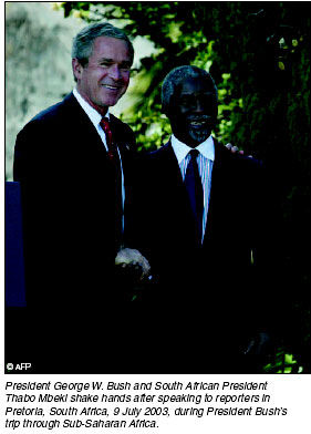 President Bush and South African Mbeki shake hands after speaking to reporters in Pretoria. [AFP photo]