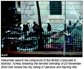 Policemen search the compound of the British Consulate in Istanbul, following the terrorist bombing of 20 November 2003 that rocked the city, killing 27 and injuring 450. 