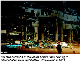 Firemen comb the rubble of the HSBC Bank building in Istanbul after the terrorist attack, 20 November 2003. [AFP photo]