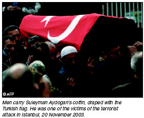 Men carry Suleyman Aydogans coffin, draped with the Turkish flag. He was one of the victims of the terrorist attack in Istanbul, 20 November 2003.