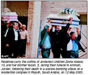Relatives carry the coffin of Jordanian children Zeina Abassi, 10, and her brother Yazan, 5, during their funeral in Amman, following their death in a suicide bombing attack on a residential complex.