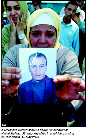 A Moroccan woman shows a portrait of her brother, Hamid Mahraz, 33, who was killed in a suicide bombing in Casablanca, 16 May 2003.