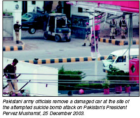 Pakistani army officials remove a damaged car at the site of the attemptee suicide bomb attack on Pakistans President Perves Musharraf, 25 December 2003. [AFP photo]