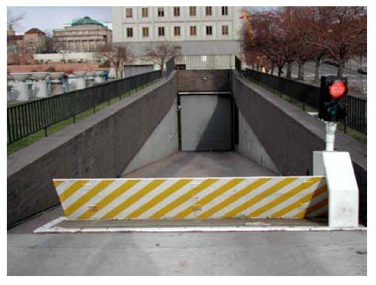 Photo of vehicle barriers in front of submerged access points