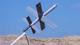 This picture, released by Tasnim news agency on April 28, 2024, purportedly shows Iran's Islamic Revolution Guards Corps (IRGC) new indigenous kamikaze drone armed with smart munitions.