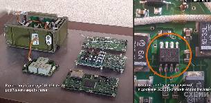 An Analog Devices amplifier of the AD822 series (right) that Ukraine found inside of an 'Aqueduct' radio system used by Russian forces in Ukraine. The recovered radio system and its components were shown to Schemes, the investigative unit of RFE/RL's Ukrainian Service, by Ukraine's Main Directorate of Intelligence (HUR).