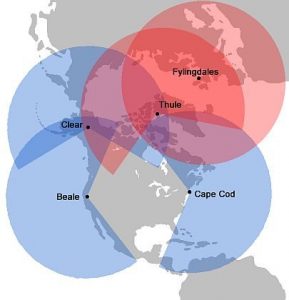 A map of the three BMEWS sites (Clear Air Force Station, Alaska; Thule Air Base, Greenland; Fylingdales, United Kingdom) designed to detect incoming ballistic missiles. Two PAVE Phased Array Warning System sites (Beale Air Force Base, California and Cape Cod Air Force Station, Massachusetts) are also shown but were not operational during the May 1967 event. Credit: U.S. government. 