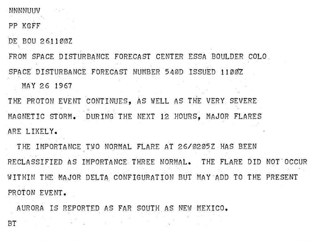 A report of solar activity on May 26 from the Space Disturbance Forecast Center, a civilian forecasting center at the Environmental Science Services Administration (now NOAA). Credit: ESSA/NOAA.