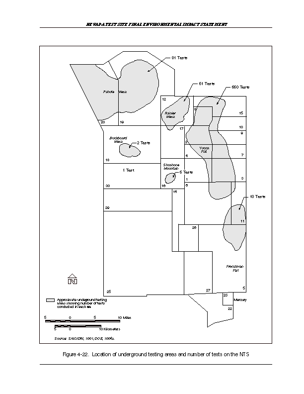 Location of underground testing areas and tests on the NTS